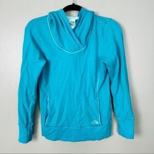 North Face Knit Pullover Hoodie Small Women’s Cowl Neck Blue Pockets Hooded TNF